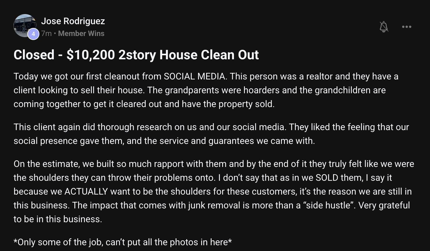 Member closes a $10,200 two-story house clean-out