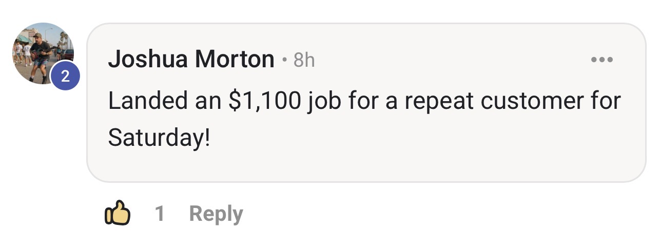 Member lands an $1,100 repeat customer