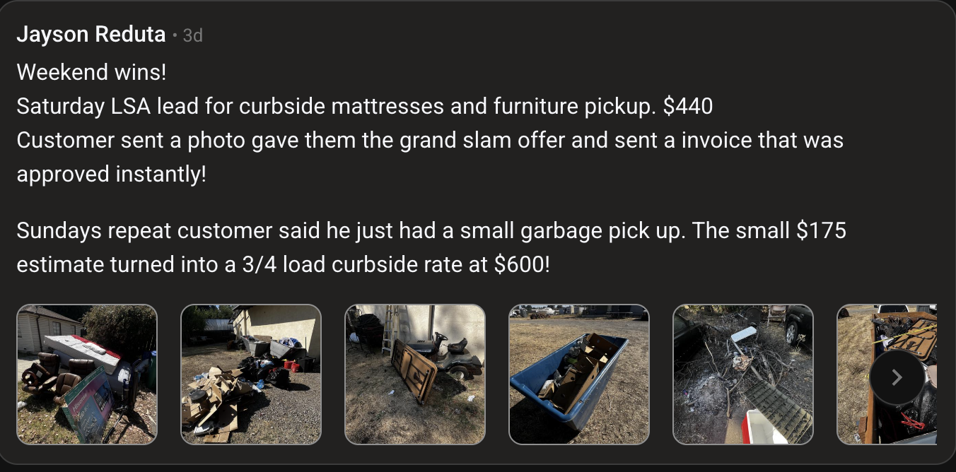 Member turns a $175 estimate into a $600 job and books a $440 curbside pickup in one weekend