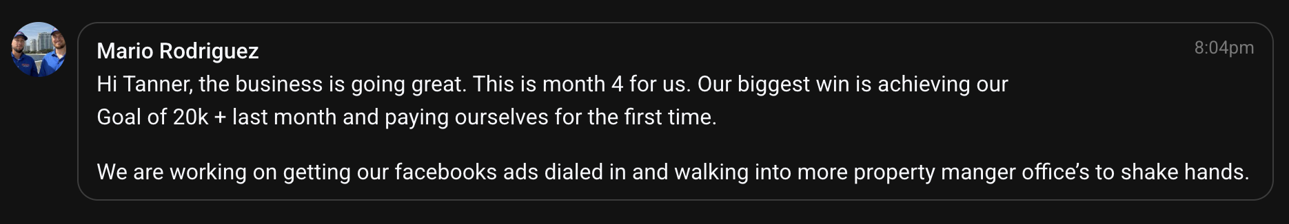 Month 4: member clears $20K+ in a month and pays himself for the first time