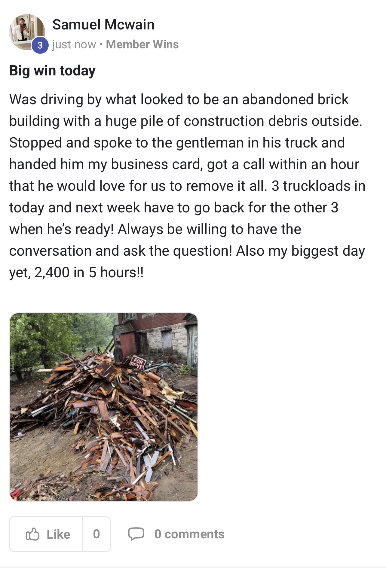 Member does $2,400 in five hours