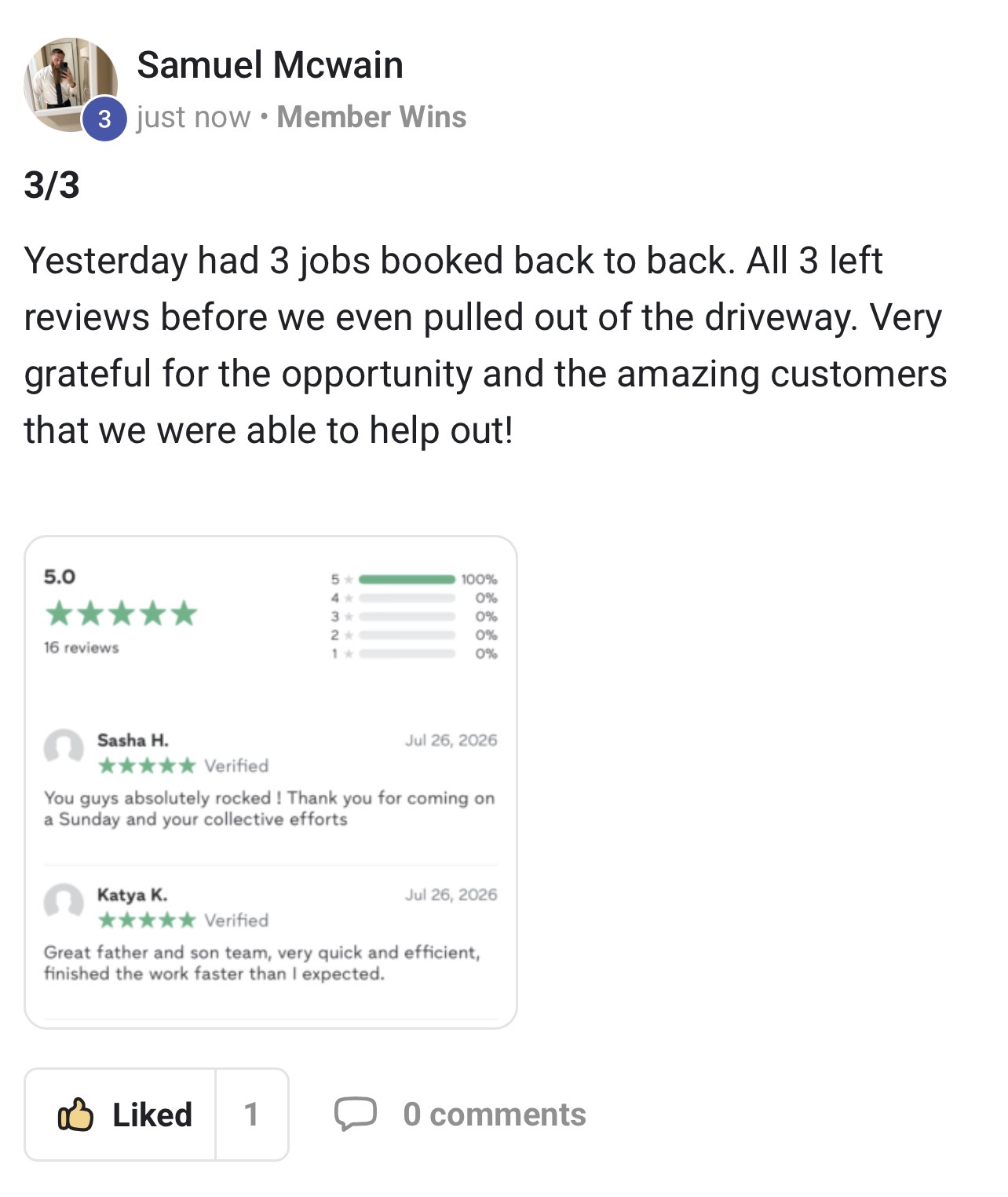 Member books three jobs back to back, all leave 5-star reviews