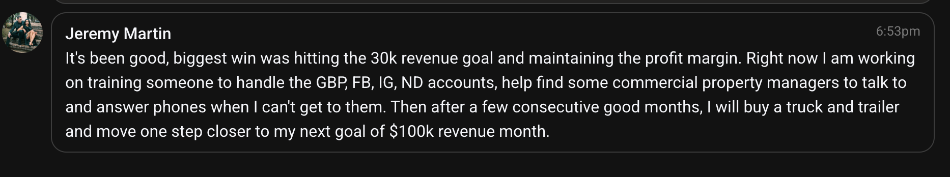 Member hits his $30K revenue month goal while holding his profit margin — next goal is a $100K month