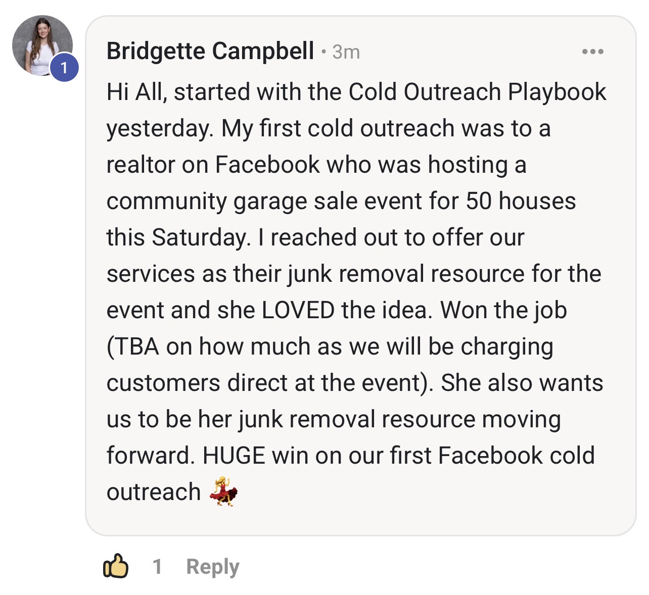 New member wins their first-ever cold outreach job from the Cold Outreach Playbook
