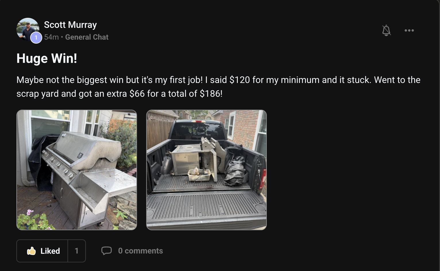Member lands his first job — held his $120 minimum and added $66 in scrap for $186 total