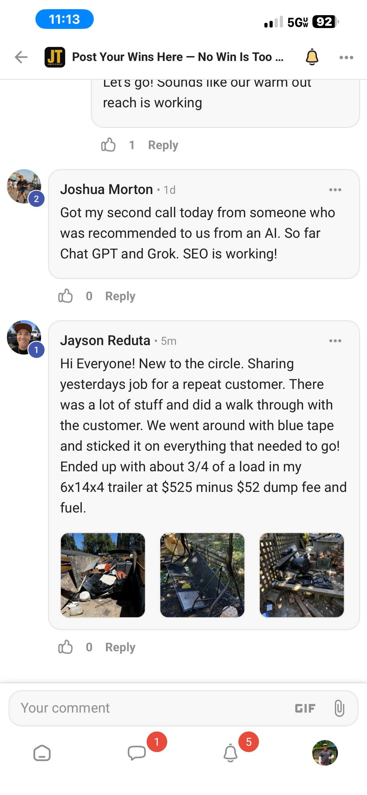 The Post Your Wins Here community feed — members sharing AI-referral leads, first jobs, and repeat customers