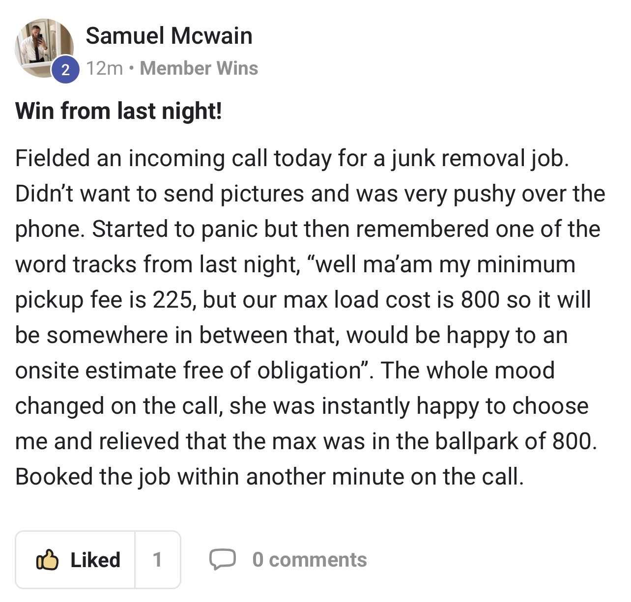Member books a pushy call on the spot using a pricing word-track